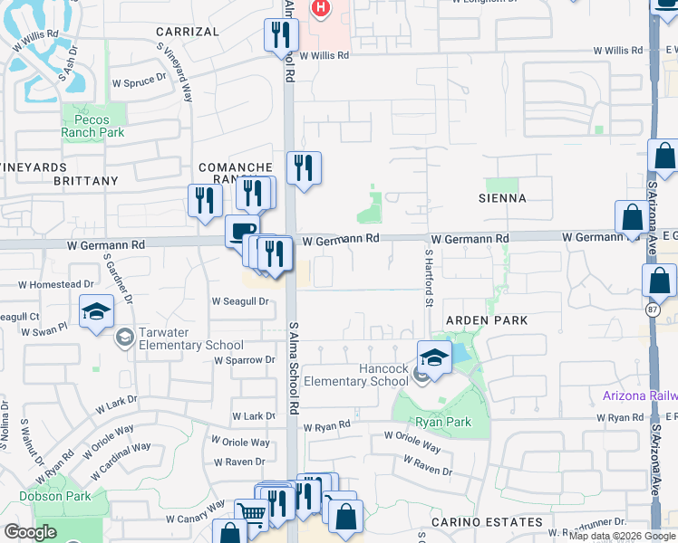 map of restaurants, bars, coffee shops, grocery stores, and more near 2091 South McClelland Drive in Chandler