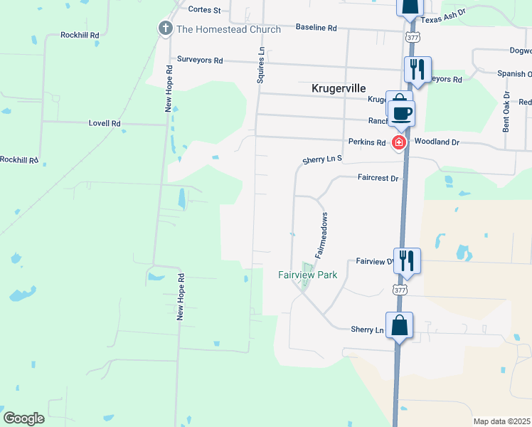 map of restaurants, bars, coffee shops, grocery stores, and more near 1301 Squires Lane in Krugerville