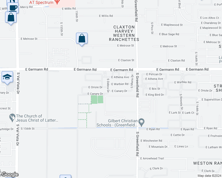 map of restaurants, bars, coffee shops, grocery stores, and more near 2224 East Canary Drive in Gilbert