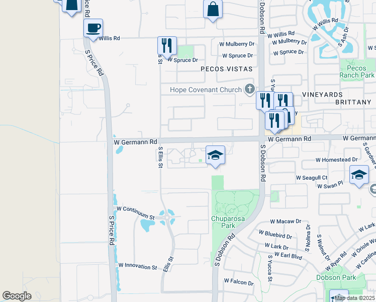 map of restaurants, bars, coffee shops, grocery stores, and more near 2255 West Germann Road in Chandler