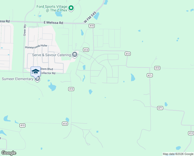 map of restaurants, bars, coffee shops, grocery stores, and more near 4758 County Road 413 in Melissa