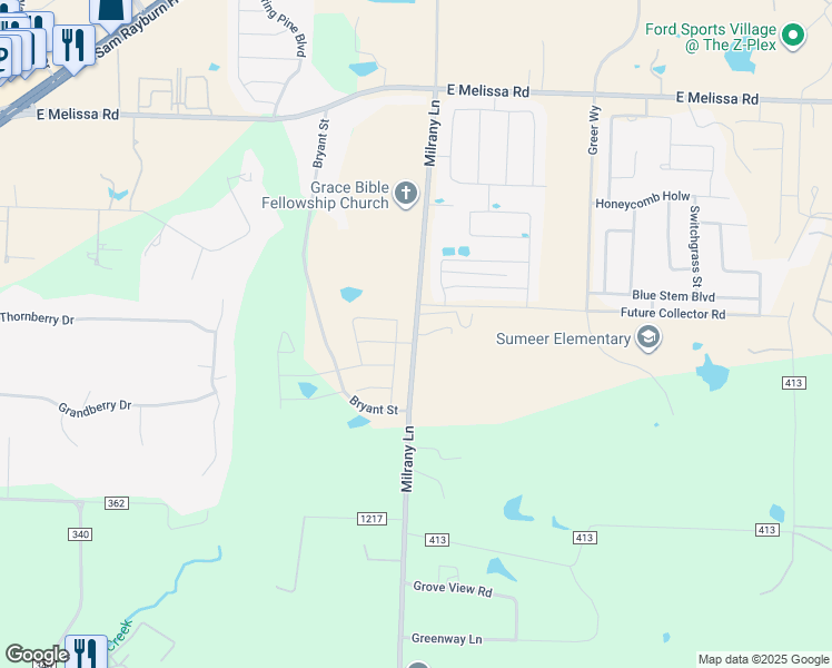 map of restaurants, bars, coffee shops, grocery stores, and more near 5701 Milrany Lane in Melissa
