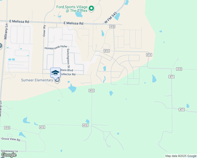 map of restaurants, bars, coffee shops, grocery stores, and more near 4332 County Road 413 in Melissa