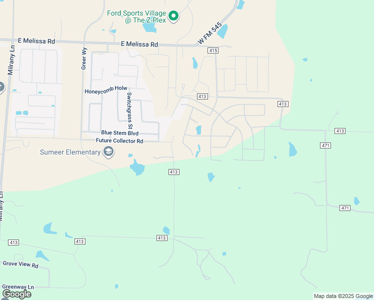 map of restaurants, bars, coffee shops, grocery stores, and more near 4332 County Road 413 in Melissa