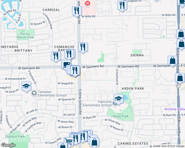 map of restaurants, bars, coffee shops, grocery stores, and more near 2041 South McClelland Drive in Chandler