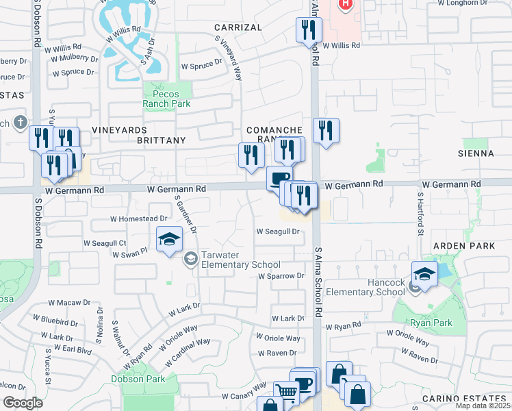 map of restaurants, bars, coffee shops, grocery stores, and more near 1184 West Flamingo Court in Chandler