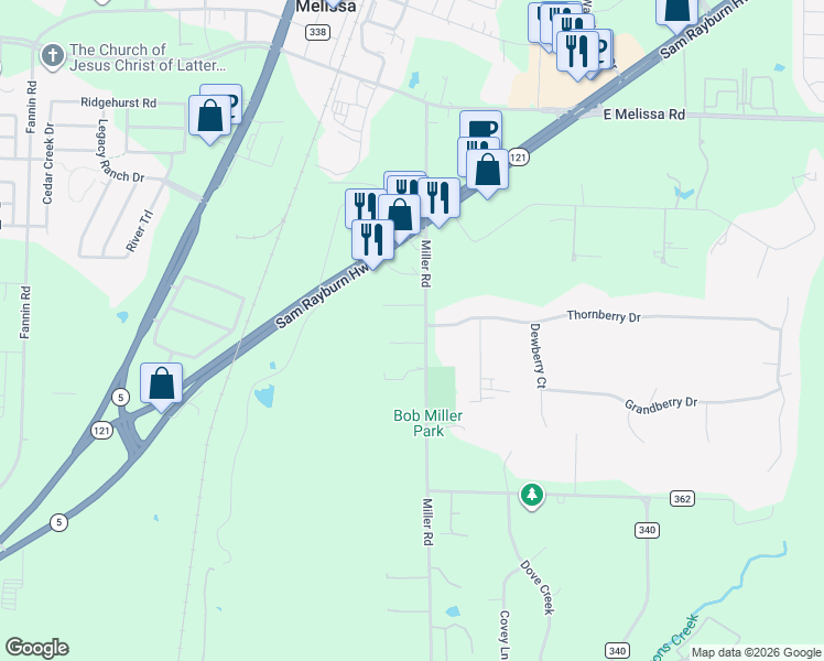 map of restaurants, bars, coffee shops, grocery stores, and more near 2181 Calhar Drive in Melissa
