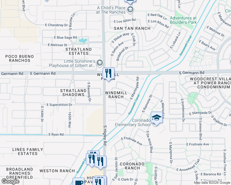 map of restaurants, bars, coffee shops, grocery stores, and more near 3268 East Oriole Drive in Gilbert