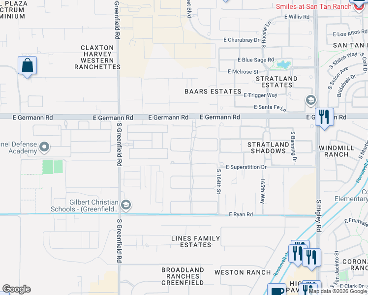 map of restaurants, bars, coffee shops, grocery stores, and more near 2675 East Warbler Road in Gilbert