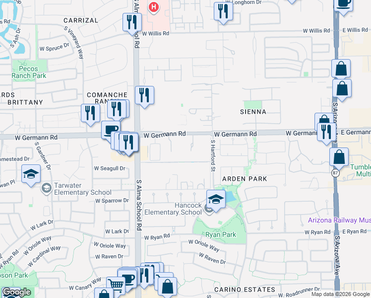 map of restaurants, bars, coffee shops, grocery stores, and more near 809 West Germann Road in Chandler
