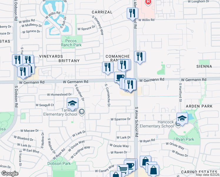 map of restaurants, bars, coffee shops, grocery stores, and more near 1184 West Flamingo Court in Chandler