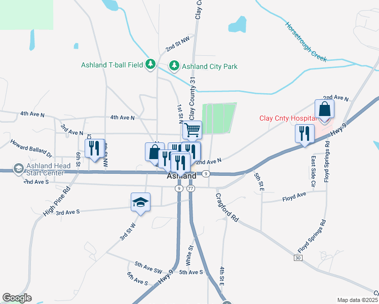 map of restaurants, bars, coffee shops, grocery stores, and more near 173 County Road 31 in Ashland