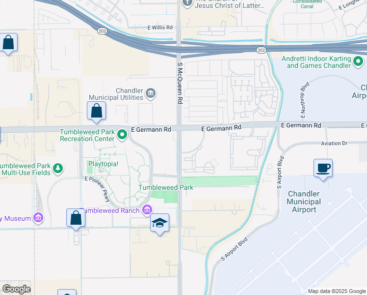 map of restaurants, bars, coffee shops, grocery stores, and more near 2177 South McQueen Road in Chandler
