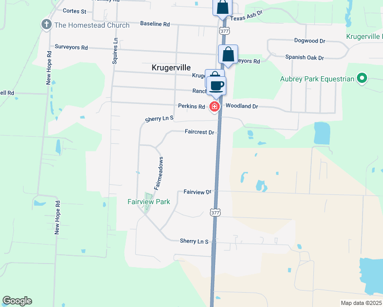 map of restaurants, bars, coffee shops, grocery stores, and more near 5055 U.S. 377 in Aubrey