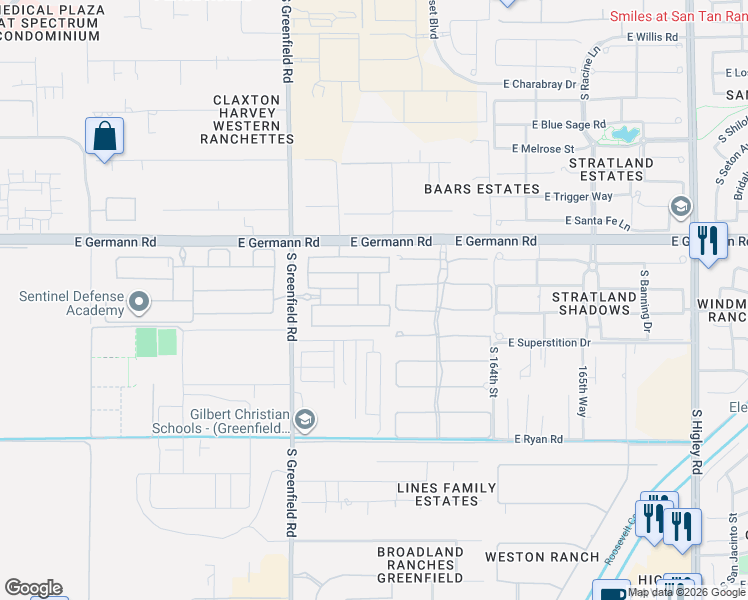 map of restaurants, bars, coffee shops, grocery stores, and more near 4091 South Penrose Drive in Gilbert
