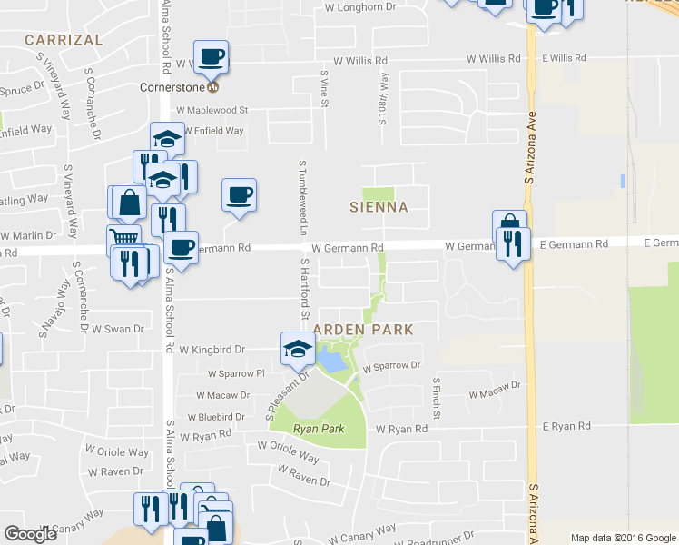 map of restaurants, bars, coffee shops, grocery stores, and more near 461 West Flamingo Drive in Chandler