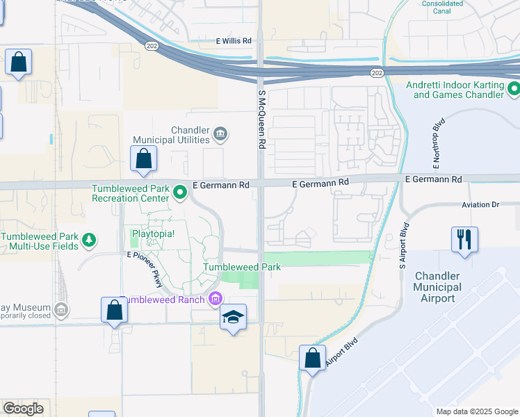 map of restaurants, bars, coffee shops, grocery stores, and more near South McQueen Road in Chandler
