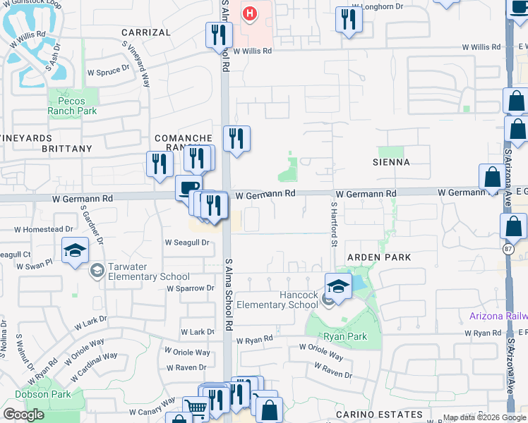 map of restaurants, bars, coffee shops, grocery stores, and more near 2041 South McClelland Drive in Chandler