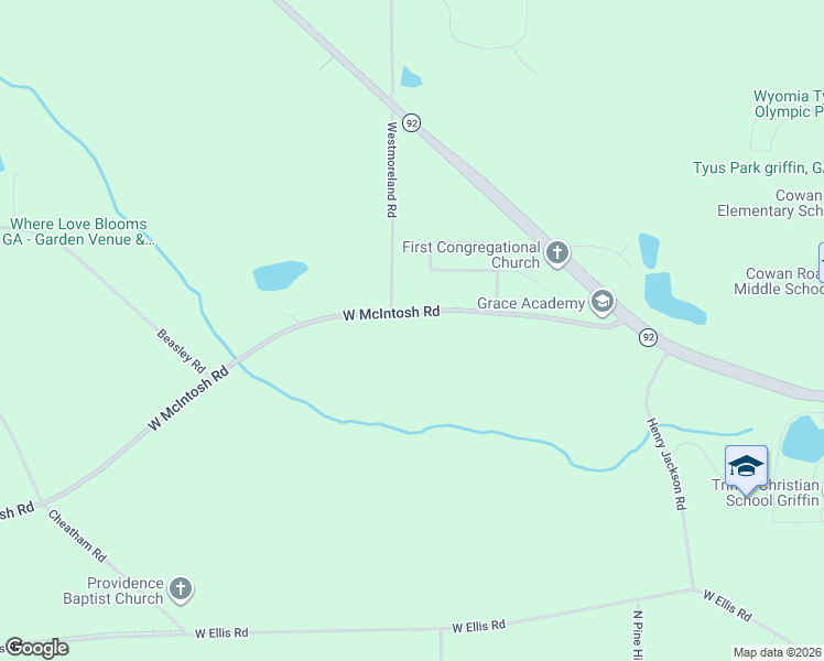 map of restaurants, bars, coffee shops, grocery stores, and more near 2518 West McIntosh Road in Griffin