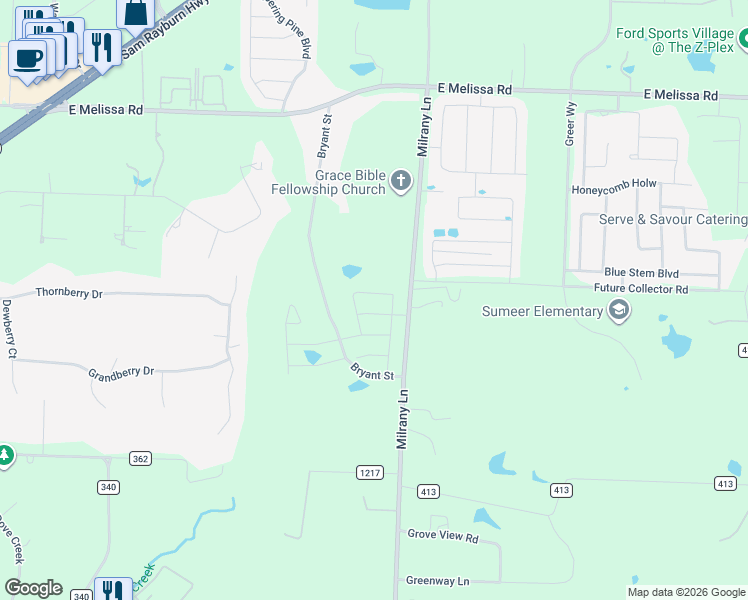map of restaurants, bars, coffee shops, grocery stores, and more near 2332 Bryant Street in Melissa