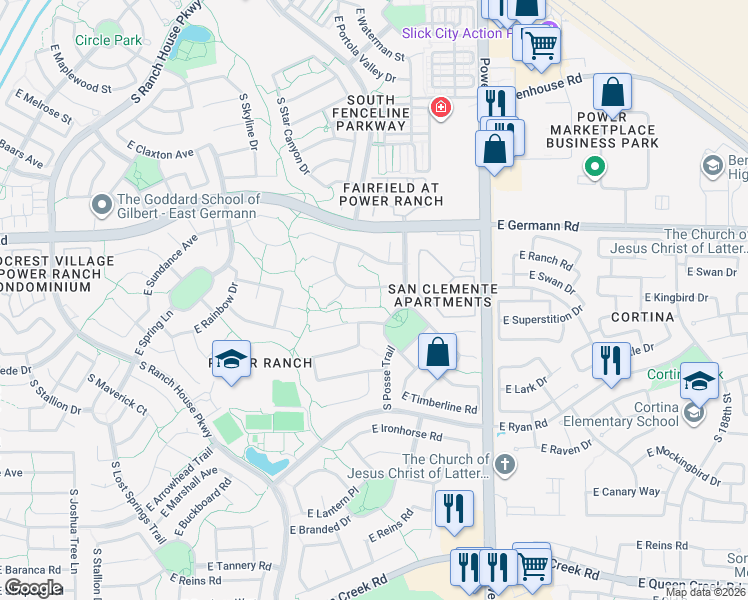 map of restaurants, bars, coffee shops, grocery stores, and more near 4132 South Bandit Court in Gilbert