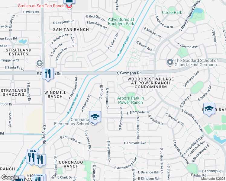 map of restaurants, bars, coffee shops, grocery stores, and more near 3649-3657 East Sebastian Lane in Gilbert