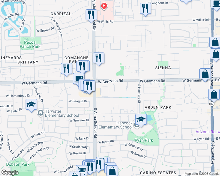 map of restaurants, bars, coffee shops, grocery stores, and more near 2041 South McClelland Drive in Chandler