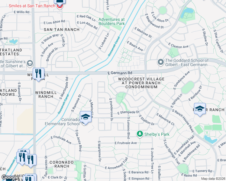 map of restaurants, bars, coffee shops, grocery stores, and more near 4108 Sawmill Road in Gilbert