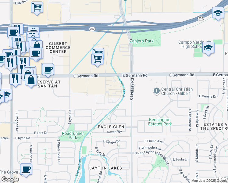 map of restaurants, bars, coffee shops, grocery stores, and more near 4111 South Silverado Street in Gilbert