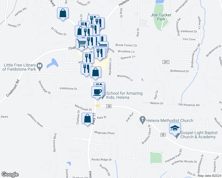 map of restaurants, bars, coffee shops, grocery stores, and more near 1105 Wyndham Lane in Helena