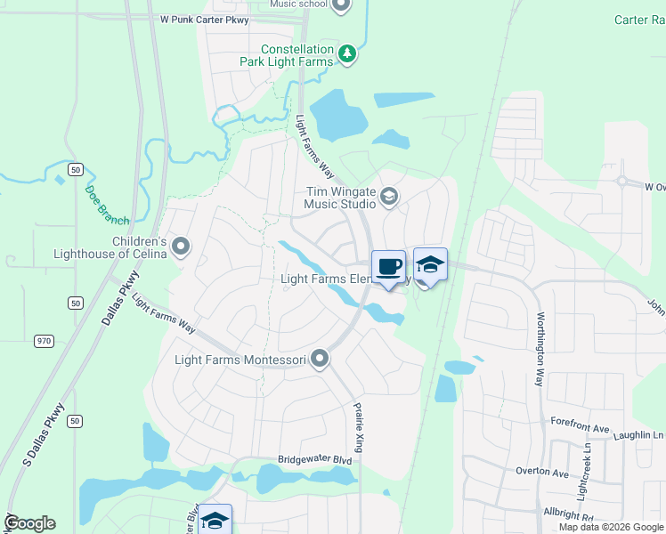 map of restaurants, bars, coffee shops, grocery stores, and more near 1311 Cypress Creek Way in Celina