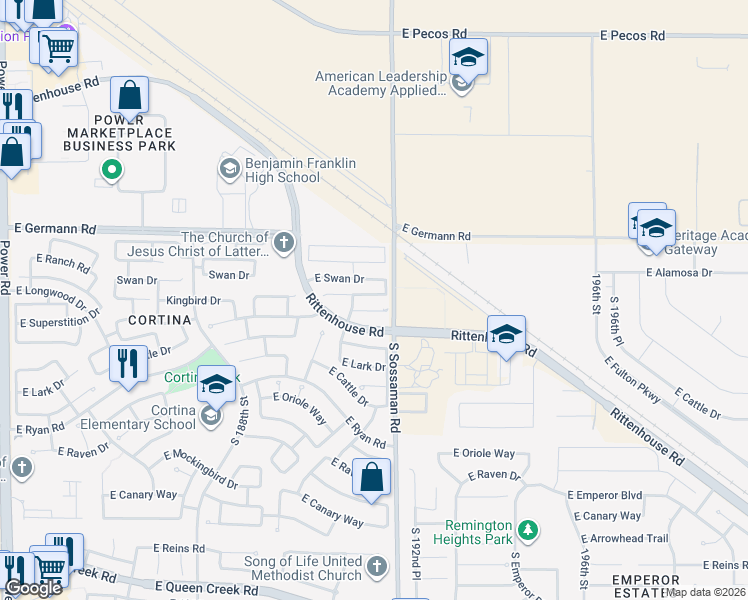 map of restaurants, bars, coffee shops, grocery stores, and more near 19142 Kingbird Drive in Queen Creek
