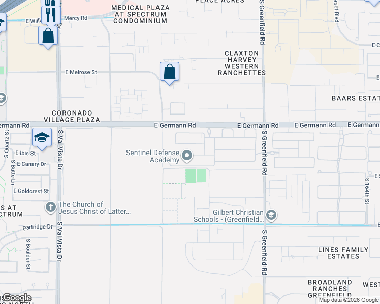 map of restaurants, bars, coffee shops, grocery stores, and more near 2115 East Warbler Road in Gilbert