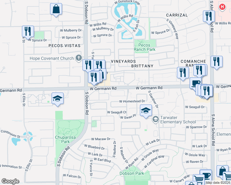 map of restaurants, bars, coffee shops, grocery stores, and more near 1709 West Stonefield Drive in Chandler