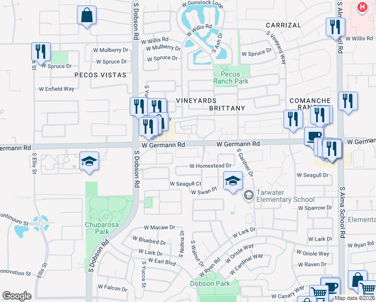 map of restaurants, bars, coffee shops, grocery stores, and more near 1719 West Stonefield Drive in Chandler