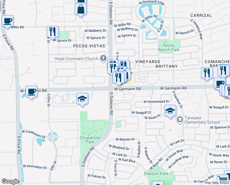 map of restaurants, bars, coffee shops, grocery stores, and more near 1901 West Germann Road in Chandler
