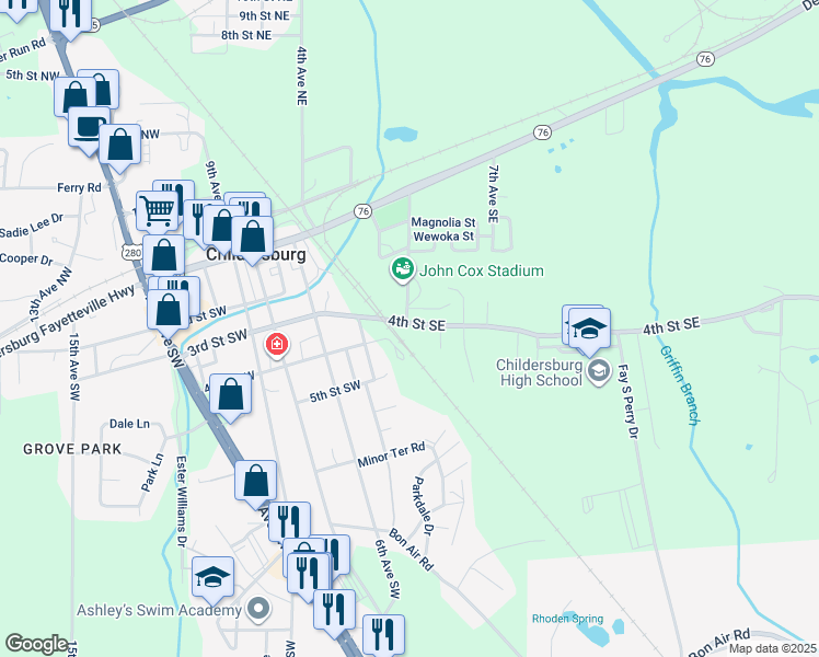 map of restaurants, bars, coffee shops, grocery stores, and more near 399 County Road 178 in Childersburg