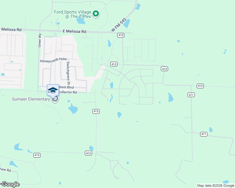 map of restaurants, bars, coffee shops, grocery stores, and more near 4332 County Road 413 in Melissa