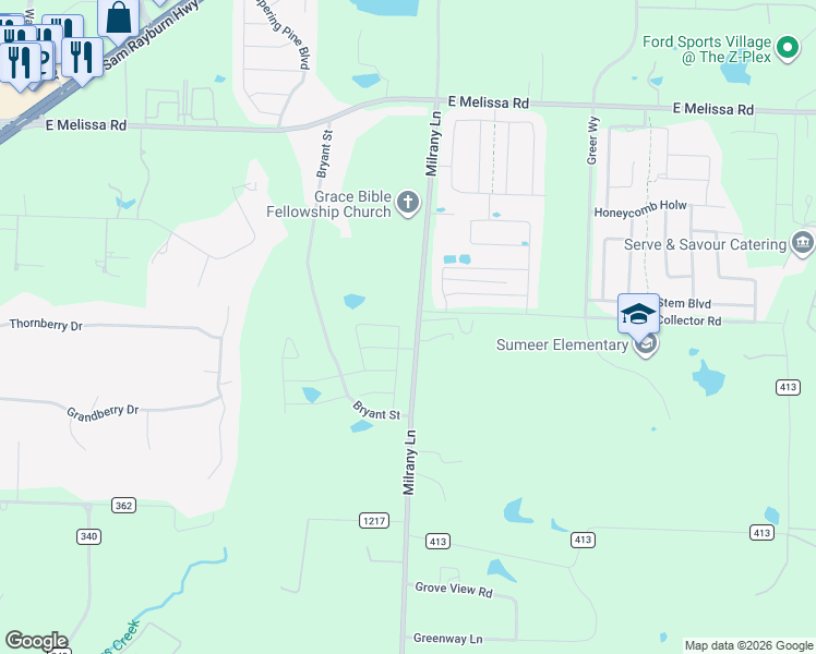 map of restaurants, bars, coffee shops, grocery stores, and more near 2036 Milrany Lane in Melissa