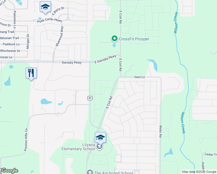 map of restaurants, bars, coffee shops, grocery stores, and more near 4427 County Road 84 in Prosper