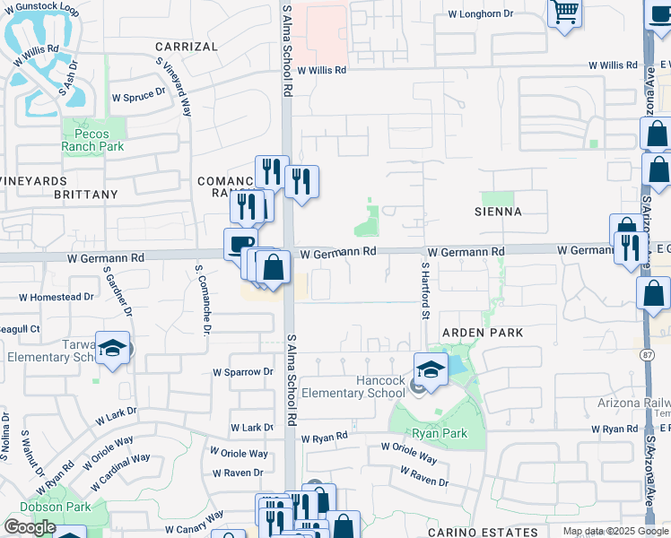 map of restaurants, bars, coffee shops, grocery stores, and more near 2041 South McClelland Drive in Chandler