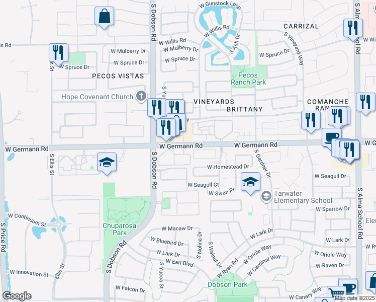 map of restaurants, bars, coffee shops, grocery stores, and more near 15 Nolina Drive in Chandler
