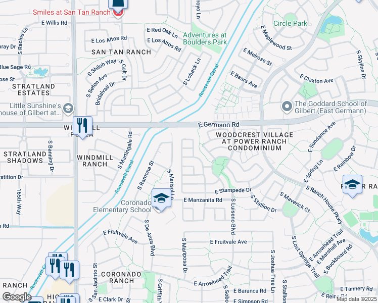map of restaurants, bars, coffee shops, grocery stores, and more near 3657 East Sebastian Lane in Gilbert