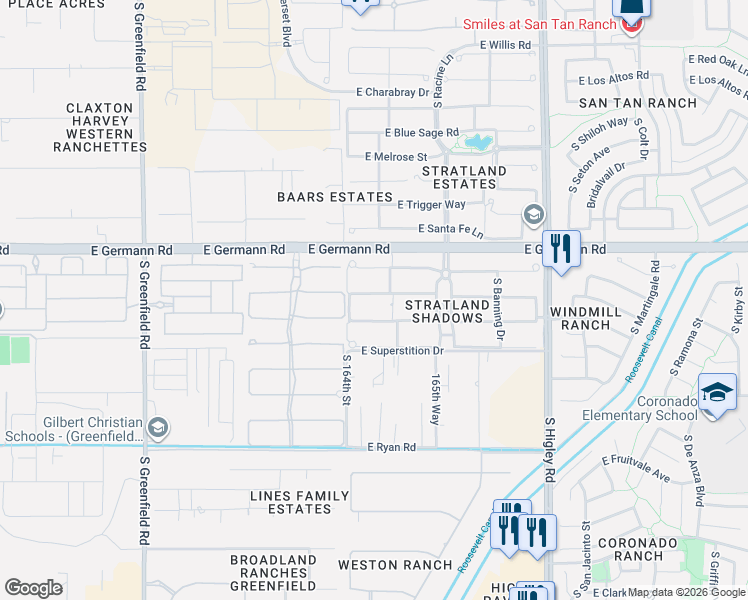 map of restaurants, bars, coffee shops, grocery stores, and more near 2873 East Warbler Road in Gilbert