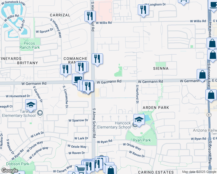 map of restaurants, bars, coffee shops, grocery stores, and more near 2041 South McClelland Drive in Chandler