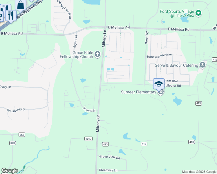 map of restaurants, bars, coffee shops, grocery stores, and more near 2010 Milrany Ln in Melissa