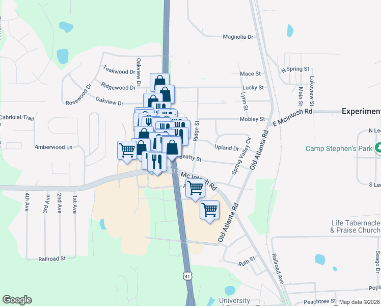 map of restaurants, bars, coffee shops, grocery stores, and more near 1479 Beatty Street in Griffin