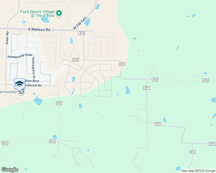 map of restaurants, bars, coffee shops, grocery stores, and more near 4758 County Road 413 in Melissa