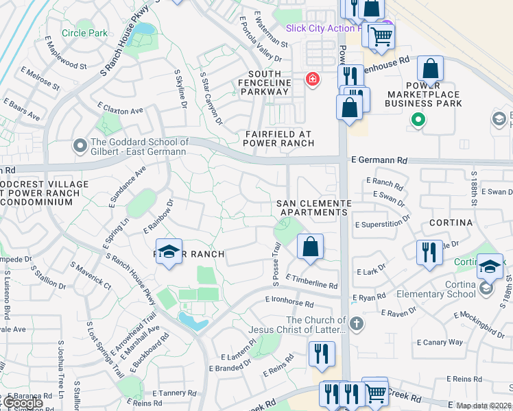 map of restaurants, bars, coffee shops, grocery stores, and more near 4132 South Bandit Court in Gilbert