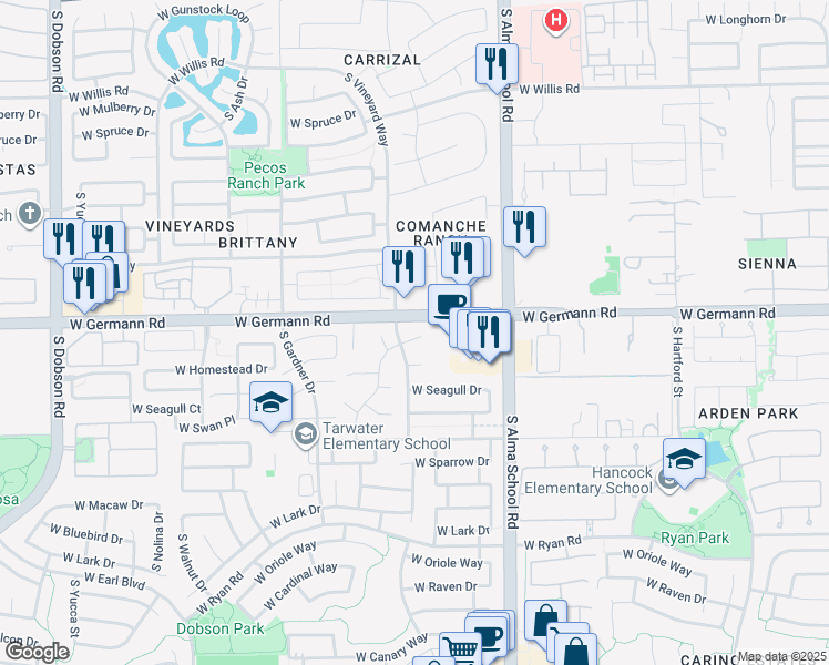 map of restaurants, bars, coffee shops, grocery stores, and more near 1184 West Flamingo Court in Chandler